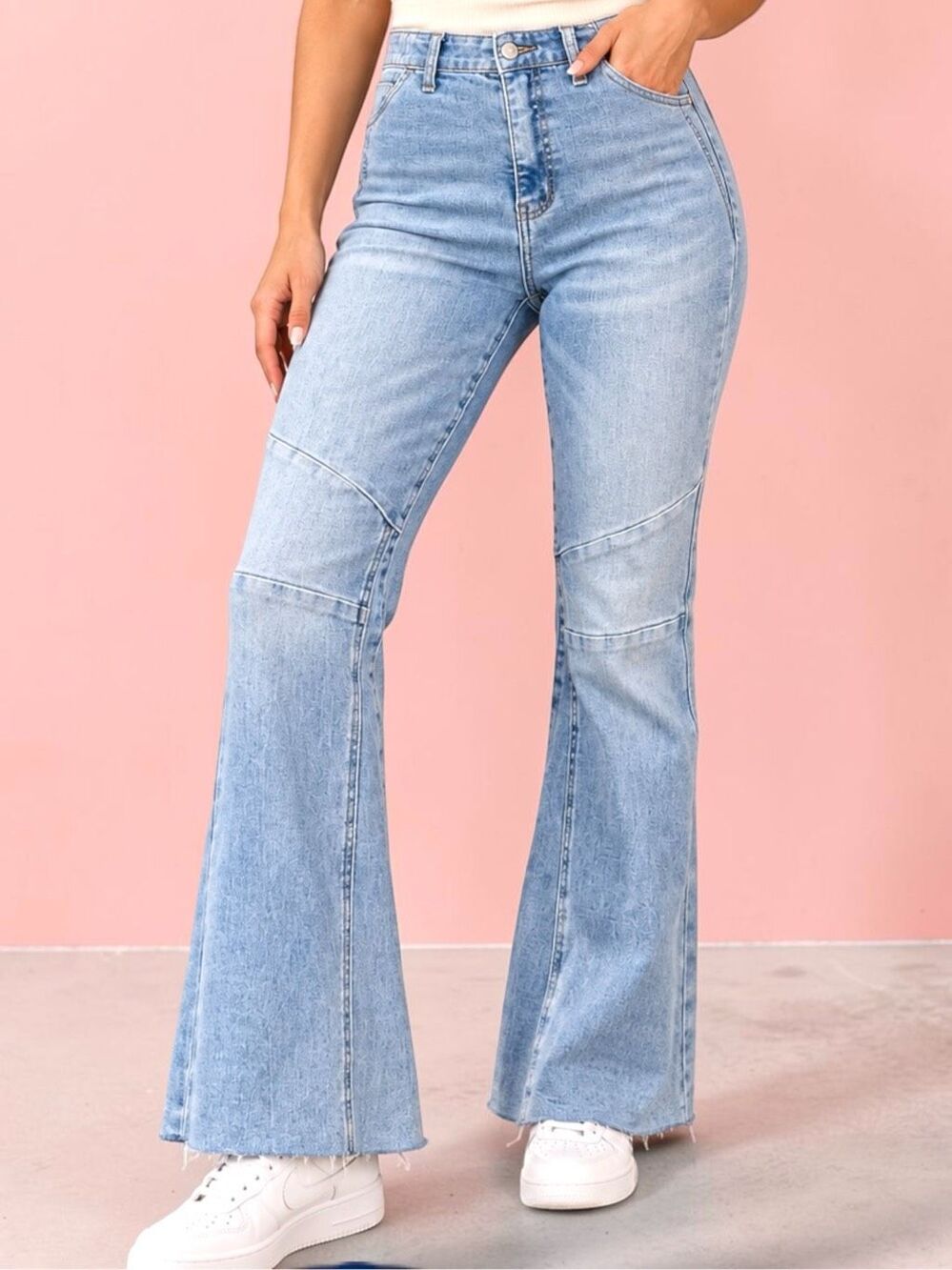 Saige Denim Tummy Control High Rise Flare Jeans Light Wash Raw Hem Stretch Denim